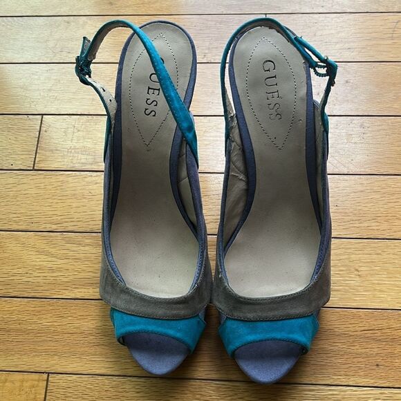 Guess Suede Multicolor Blue Gray Purple  Slingback Cork Heel Shoes  Sandals  8.5 - Picture 4 of 12